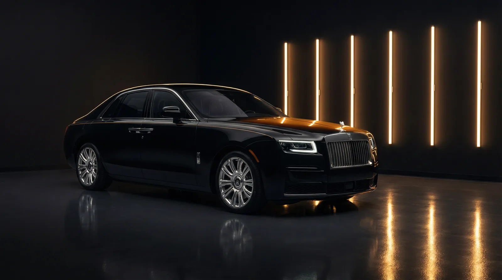 Black Rolls-Royce Ghost Series II beside vertical light fixtures, the executive flagship chauffeur vehicle in Vancouver