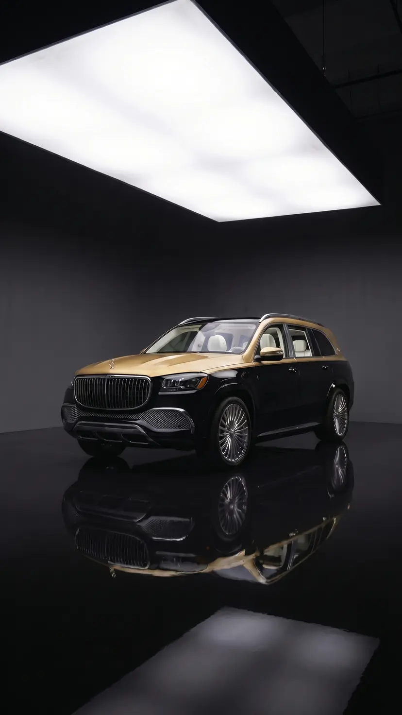 Two-tone gold and black Mercedes-Maybach GLS 600 in the Seven Star showroom, reflected in the polished black floor — the first-class chauffeur SUV in Vancouver